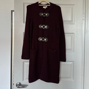 Tory Burch Long Cardigan - Wine Colored with Brown Leather accents